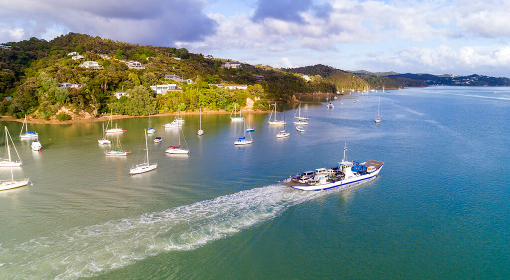 Aerial view of the Opua car ferry to Russell via Okiato