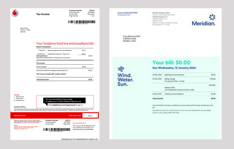 Examples or phone and power bills